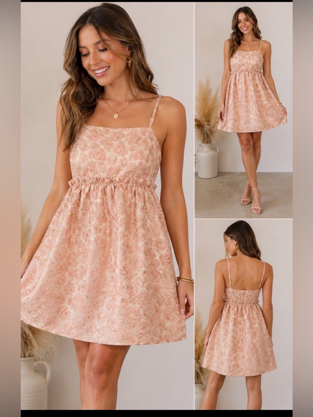 NWT Francesca’s Blush Floral Jacquard Dress – Size S | Gold Thread Detail